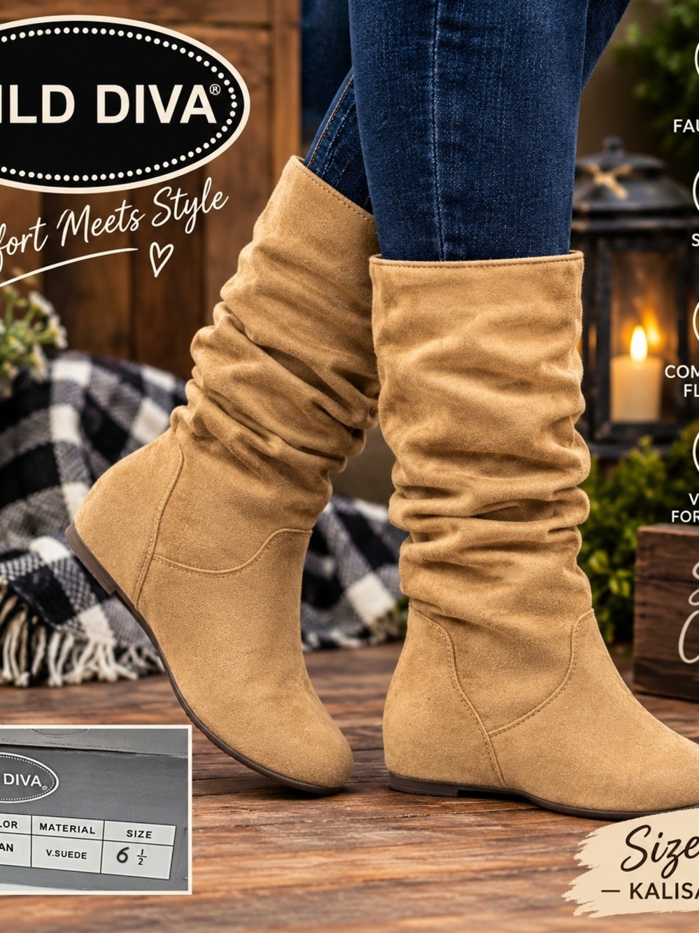 NIB Wild Diva Kalisa-04 Tan Faux Suede Slouchy Flat Mid-Calf Boots Size 6.5